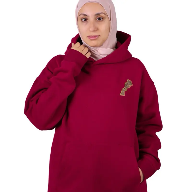 Morocco Hoodie - Casual Unisex Oversized Fit Heavyweight 100% Cotton - Hassan II mosque in the back and the Map of Morocco in the front Patches Breathable Pullover Sweatshirts