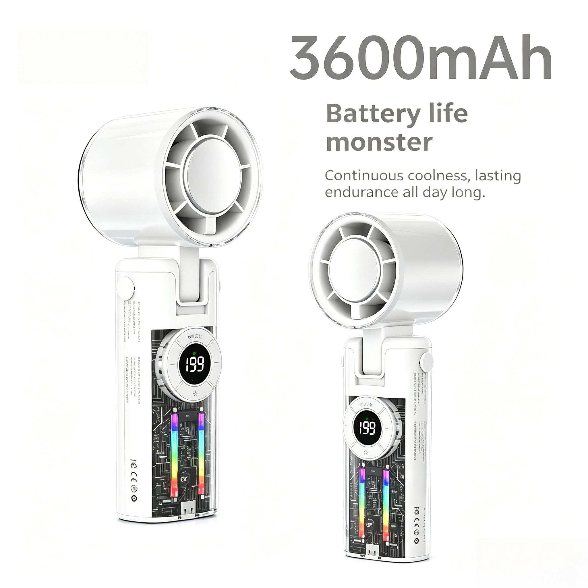 Summer Essential Gadget: 2026 handheld turbo fan, 3600mAh, 3H work, 199-level stepless speed, digital display, 5-in-1 neck/desk/handheld.