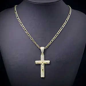 YC 14/18k Figaro Cross Jesus Crucifix Necklace, Fashion Costume Jewelry Accessory for Daily Wear