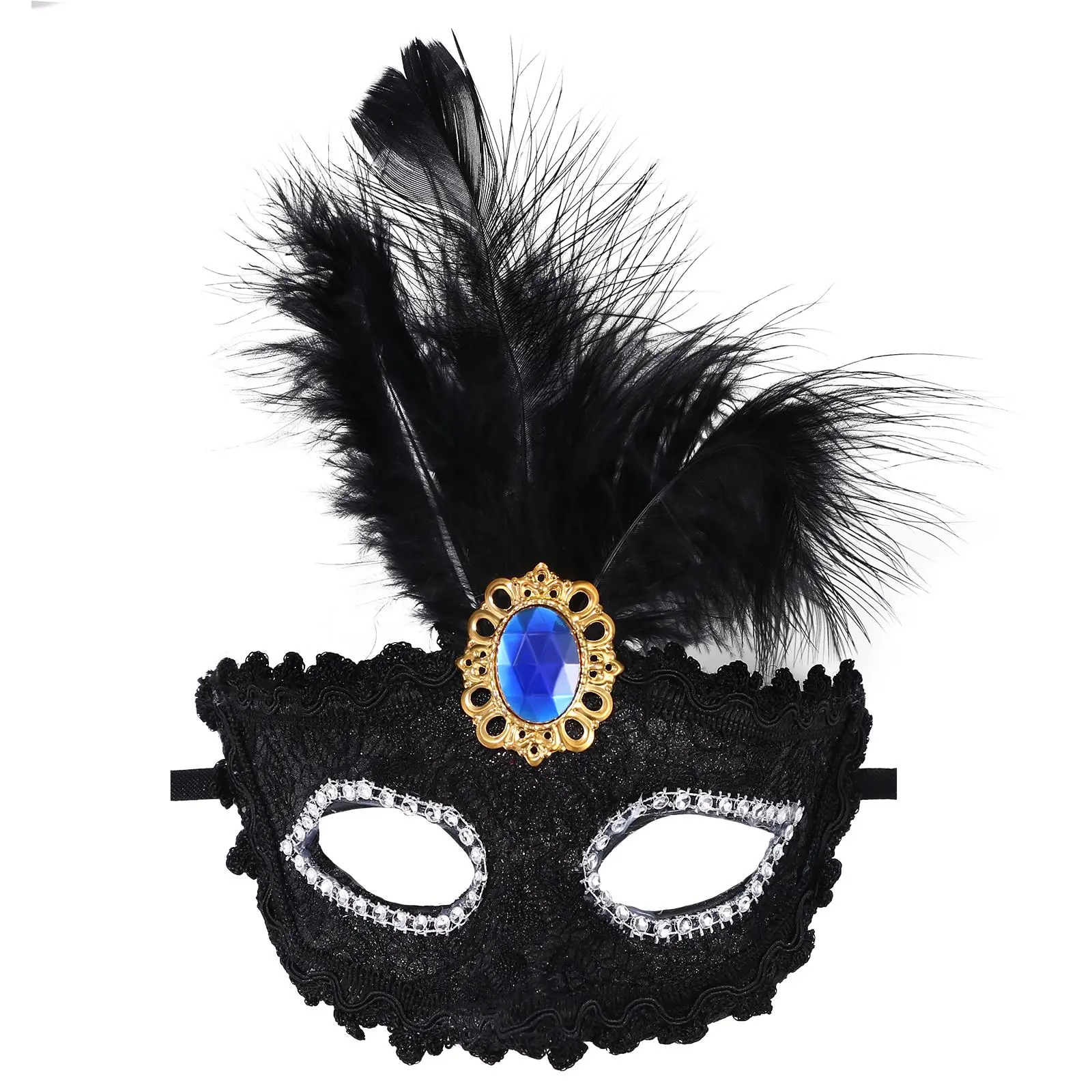 OIDEA Feather Masquerade Mask for Women Handmade Lace Half-Face Hand-Held Mask with Rhinestone Diamond Gems