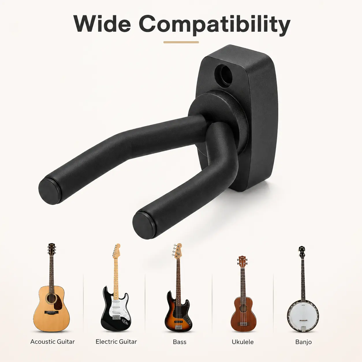 Guitar Wall Mount Hanger, Guitar Hanger Wall Hook Holder Stand Display Black with Screws - Easy to Install - Fits All Size Guitars, Bass, Mandolin, Banjo, Ukulele