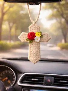 Crochet Cross Car Charm – Handmade Yarn Floral Cross Rearview Mirror Hanging Ornament