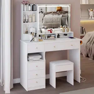 41" Large Size Makeup Vanity Desk Desktop Dressing Table+Cushioned Stool Dresser Set, 2 AC+2 USB Power Station, Hair Dryer Stand, Extra Large Touch Control LED Mirror, 3-color Switch, EPA, GCC, UL Certificate