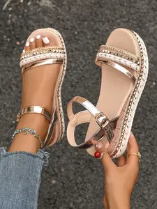 Women's Fashionable Boho Style Rhinestone Decorated Platform Sandals, Casual Comfortable Wedge Sandals for Beach Vacation, Trendy Exquisite Slide Sandals for Women, Footwear, Bohemian Trending Sandals