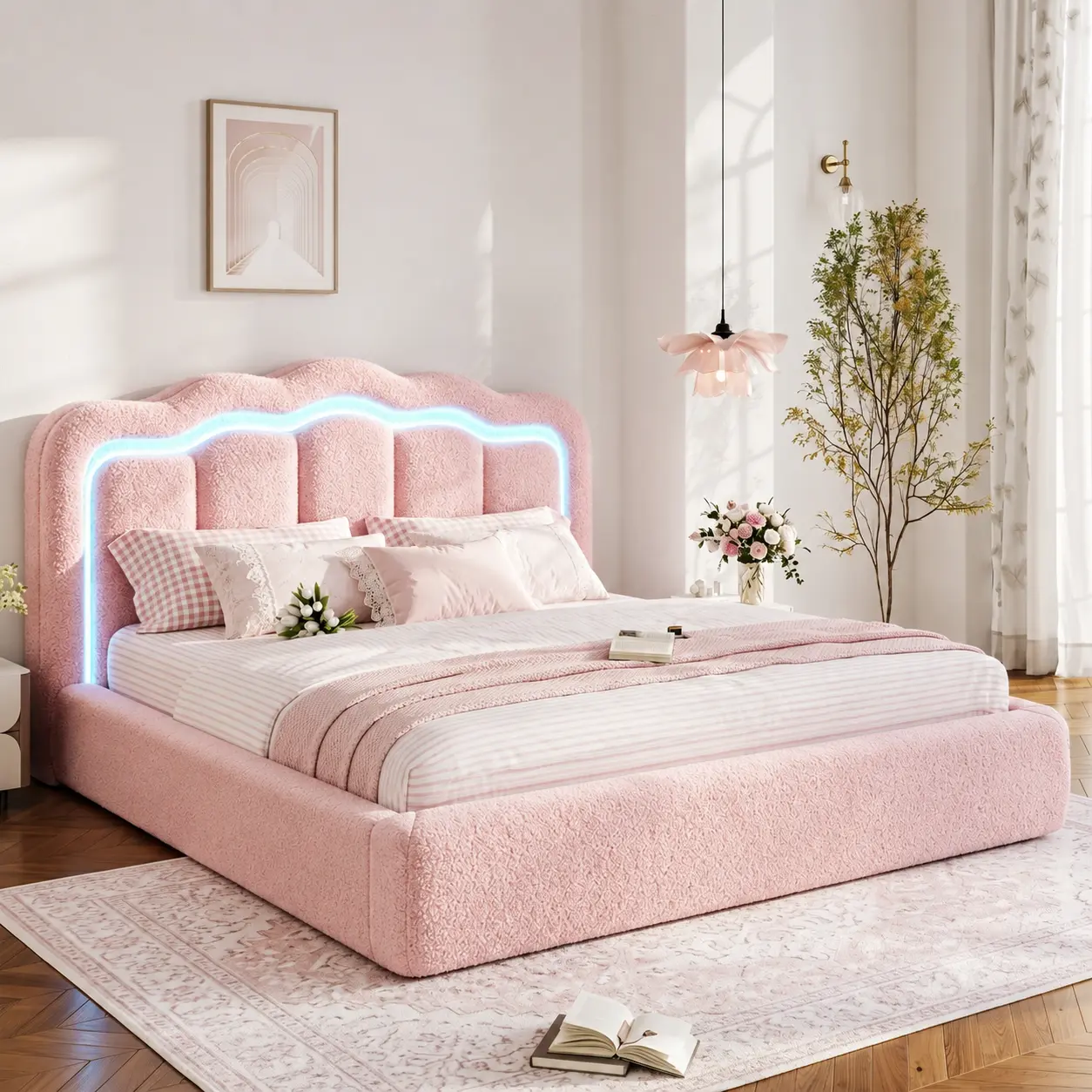 Raybee Contemporary Upholstery Bed Frame - Scalloped LED Headboard, 5.5 in Teddy Fleece Foam Padding, Music-Sync RGB Lights, Foam-Metal Support, Non-Slip Mattress Deck, Easy Assembly, No Box Spring Needed (Full/Queen/King Bed Frames)