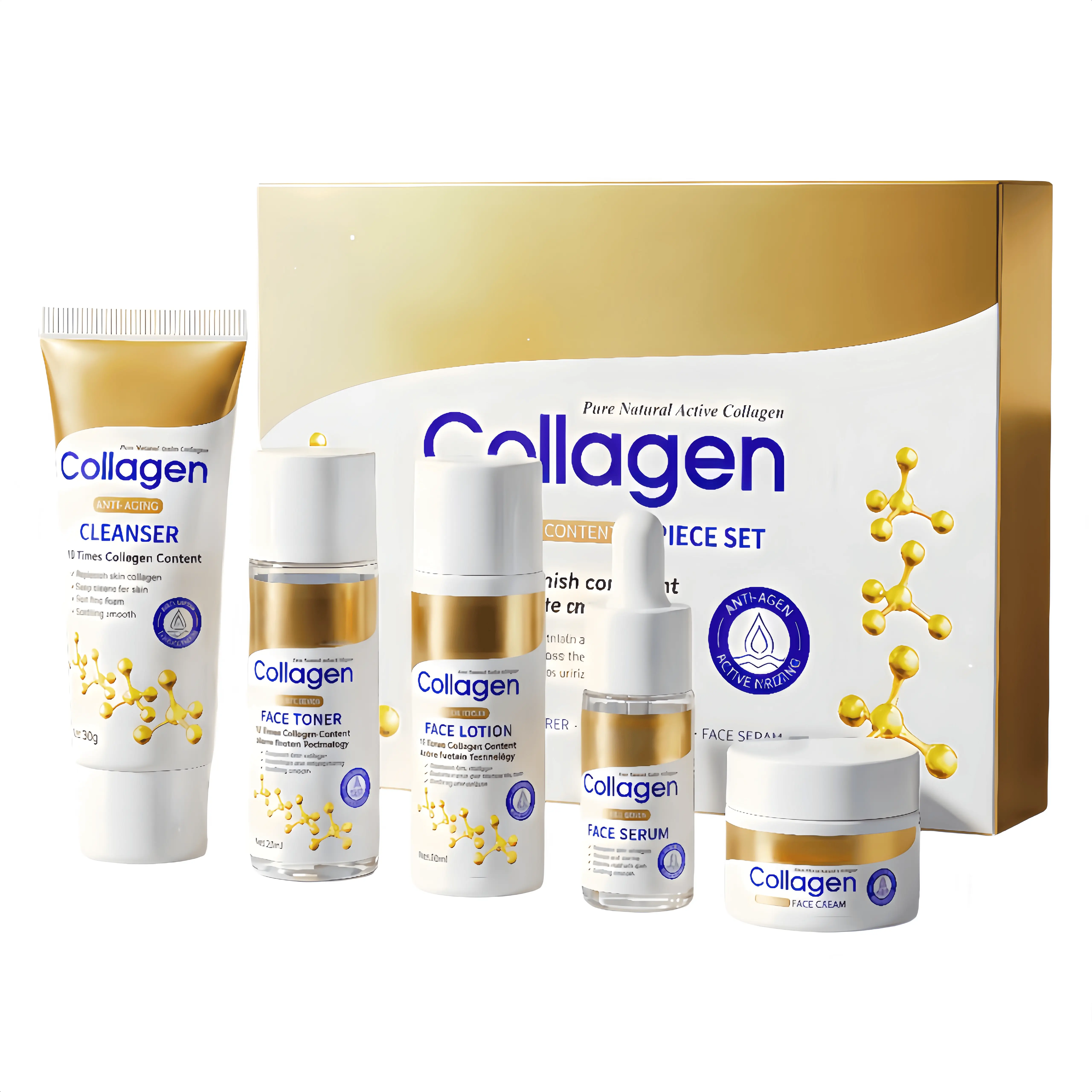 5-Piece Female Anti-Aging Collagen Skincare Multi-Pack Travel Kit - Cleanser, Toner, Lotion, Serum, Moisturizer for Wrinkles, Fine Lines, Pore Shrinkage, Hydrating & Firming Skin