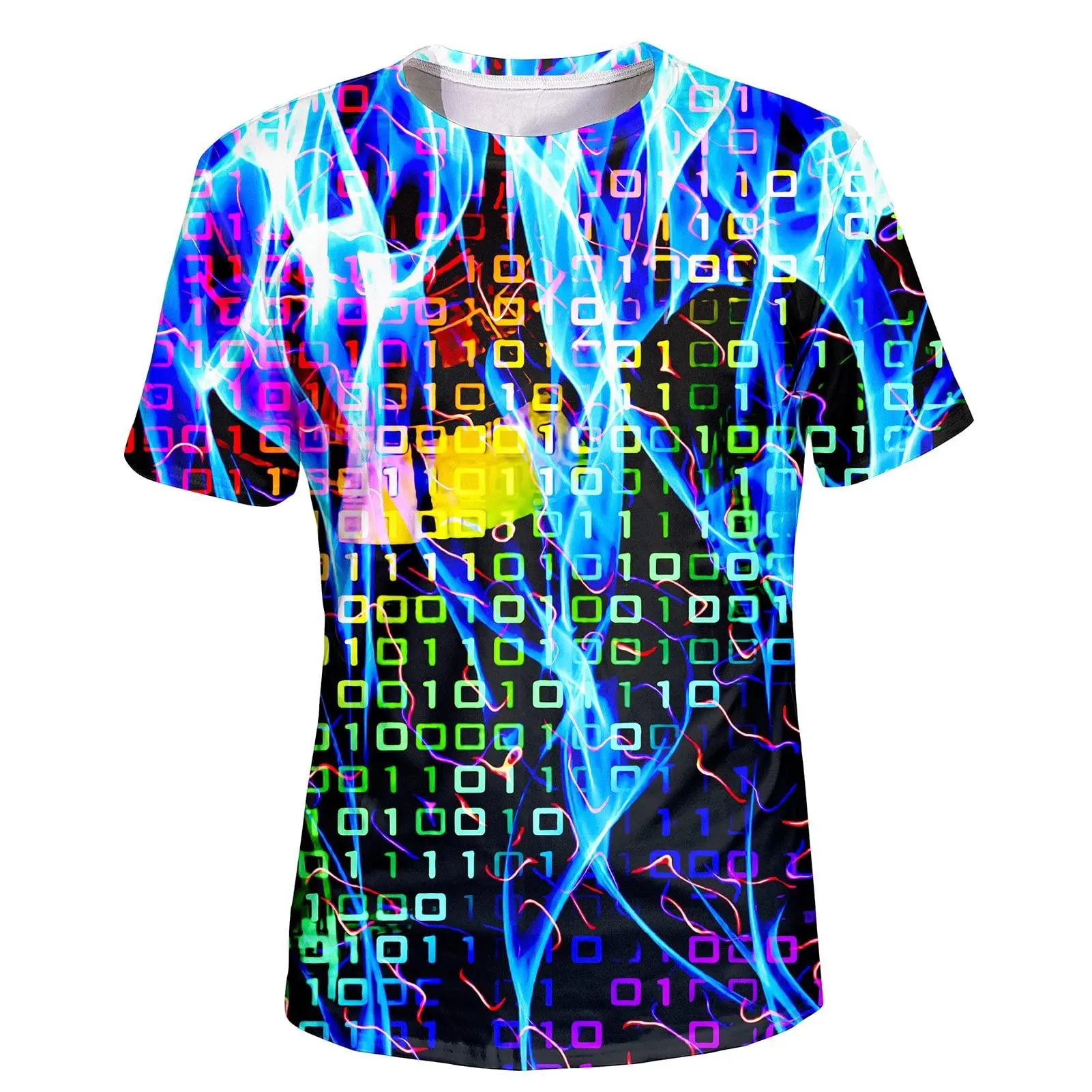 Women's Short-Sleeve T-Shirt - Relaxed Cut, Digital & All Over Neon Binary Code 01 Smiley Print, Breathable Casual Fabric, Vibrant Glow Cyber Rave Streetwear for Tech Enthusiasts, Shortsleeve