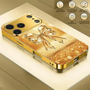 Premium shining gold bow pattern electroplated gold tempered glass mobile phone case is suitable for iPhone 17 Pro Max-11 cute male and female couples simple and lightweight business personalized protective case, suitable for 4 seasons of gifts máquina su