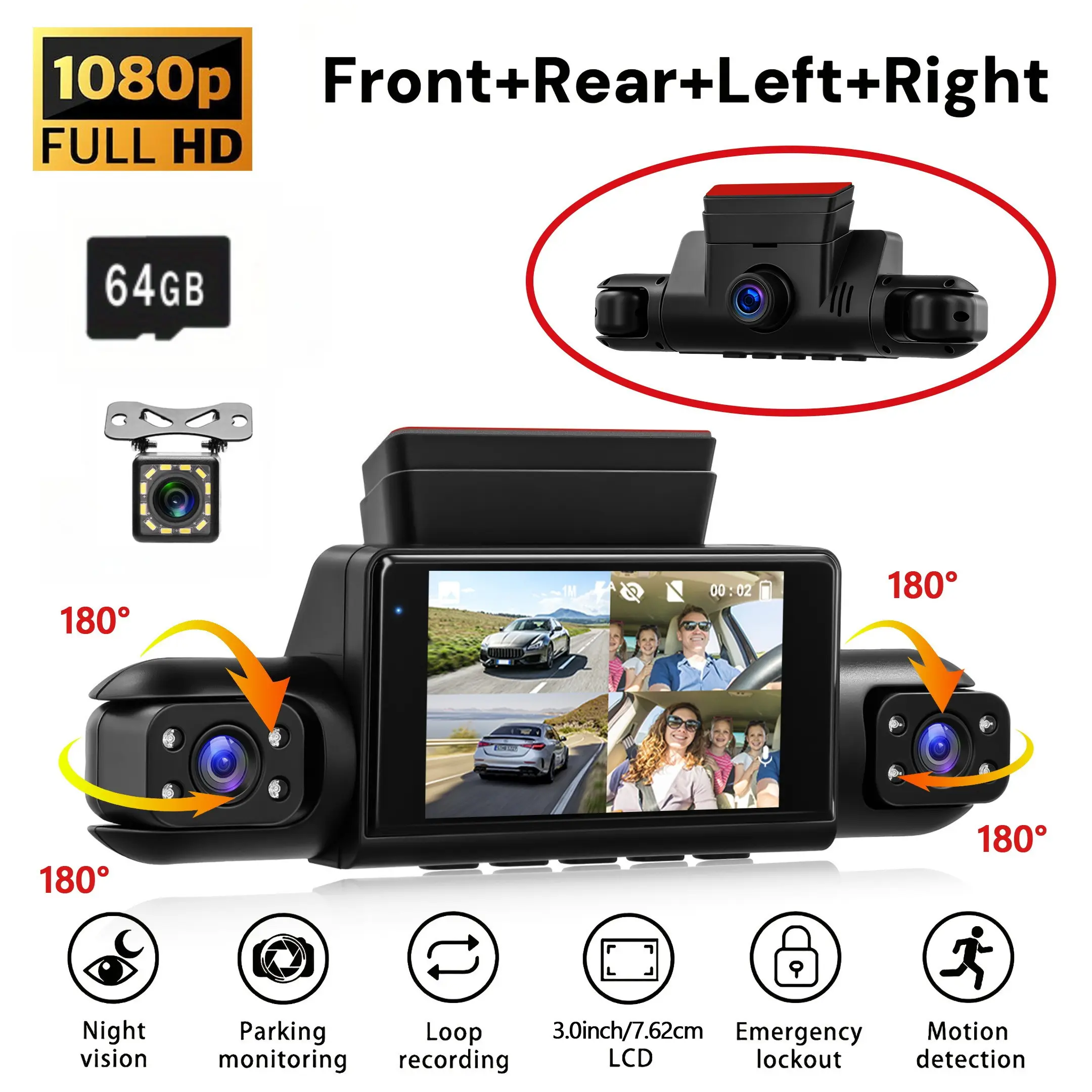 RIMOODY 4-Channel 360° Car Dashcam with 64GB Memory Card, 1080P Front Recording, Multi-Angle Capture, 3-Inch IPS Screen, 8 Night Vision Lights, Reverse Assist, Motion Detection, Loop Recording, 13-Language Support (Father's Day Gift), Car-Mounted Car Came