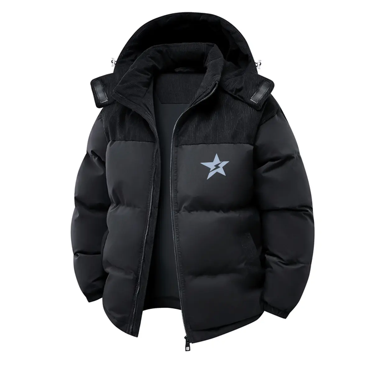 Men'S Casual Outdoor Alternative Jacket with Star Print - Lightweight Insulated Hooded Coat, Beige & Black, Polyester, Zip-Up Design for Cold Weather, Jackets for Cold Weather Menswear Tops Long Sleeve Zippers Khaki winter outfits men puffer jacket men