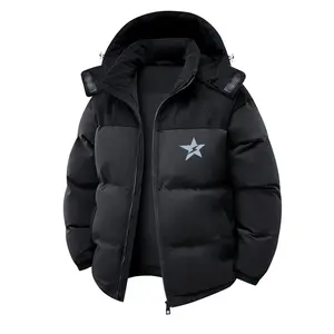 Men'S Casual Outdoor Alternative Jacket with Star Print - Lightweight Insulated Hooded Coat, Beige & Black, Polyester, Zip-Up Design for Cold Weather, Jackets for Cold Weather Menswear Tops Long Sleeve Zippers Khaki winter outfits men puffer jacket men