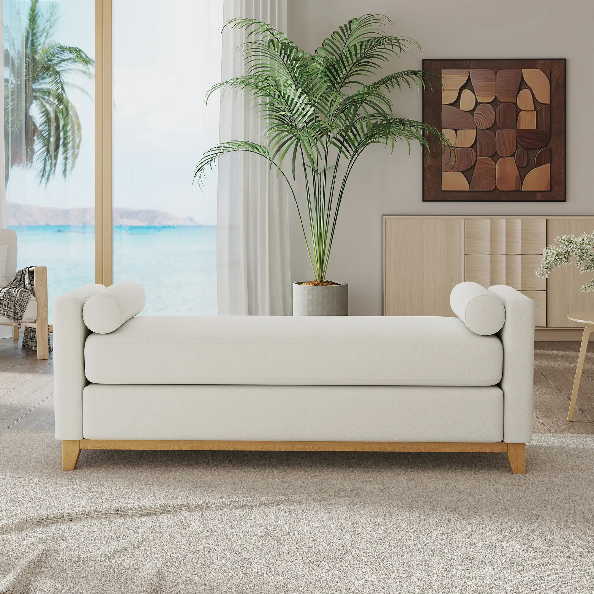 Sherpa Storage Bench with Solid Wood Legs, 2 Bolsters, Footstool with Storage - Exquisite Fluted Wood Detailing, Ultra-Soft Sponge Cushion, Bouclé Fabric Modern Indoor Furniture for Bedroom, Living Room, Two Bolsters