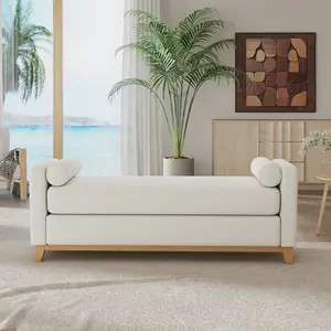 Sherpa Storage Bench with Solid Wood Legs & Two Bolster Pillows Multifunctional End-of-Bed Bench for Bedroom Living Room Entryway Exquisite Fluted Wood Detailing Built-in Hidden Storage Space Ultra-Soft Sponge Cushion Bouclé Fabric