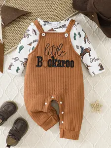 Baby Boy Western Style Two-Piece Set, Slim Fit Tribal Cowboy Print Romper & 'little Buckaroo' Waffle Knit Suspender Pants, Fall