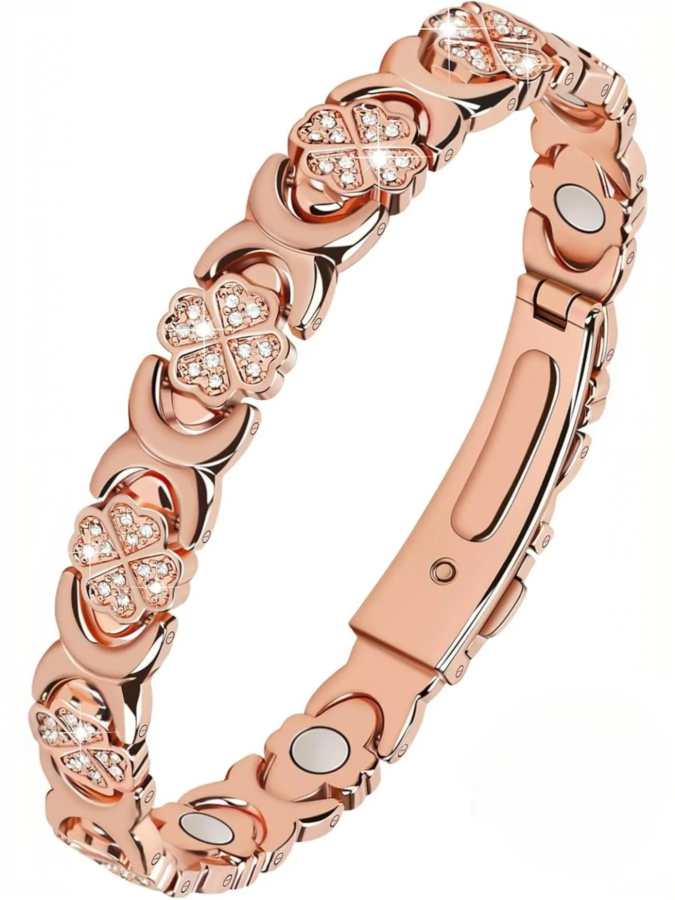 Women's bronze bracelet with heart and four-leaf clover patterns, adjustable size, includes size adjustment tool.