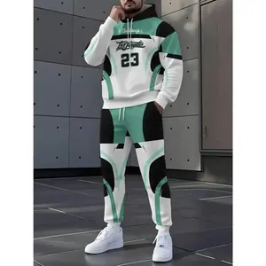 Men's 3D Standard Code Casual Fashion Printed Hoodie and Sweatpants Set, Athletic Activewear Tracksuits, Football Colorblock Pattern, Fall & Winter Outdoor Activities