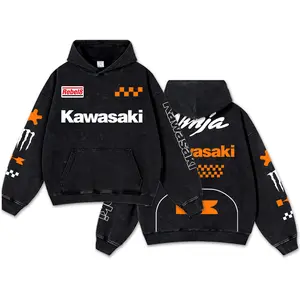 Retro Orange Monster Ninja Racing Washed Hoodie MotoGP World Champion Enthusiast Apparel Streetwear Helmet Racing Team Super Motorsports Clothing Riders Motocross Off-Road Dirt Bike Fan Gear Cotton For Motor Fan Menswear Relaxed Fit Casual