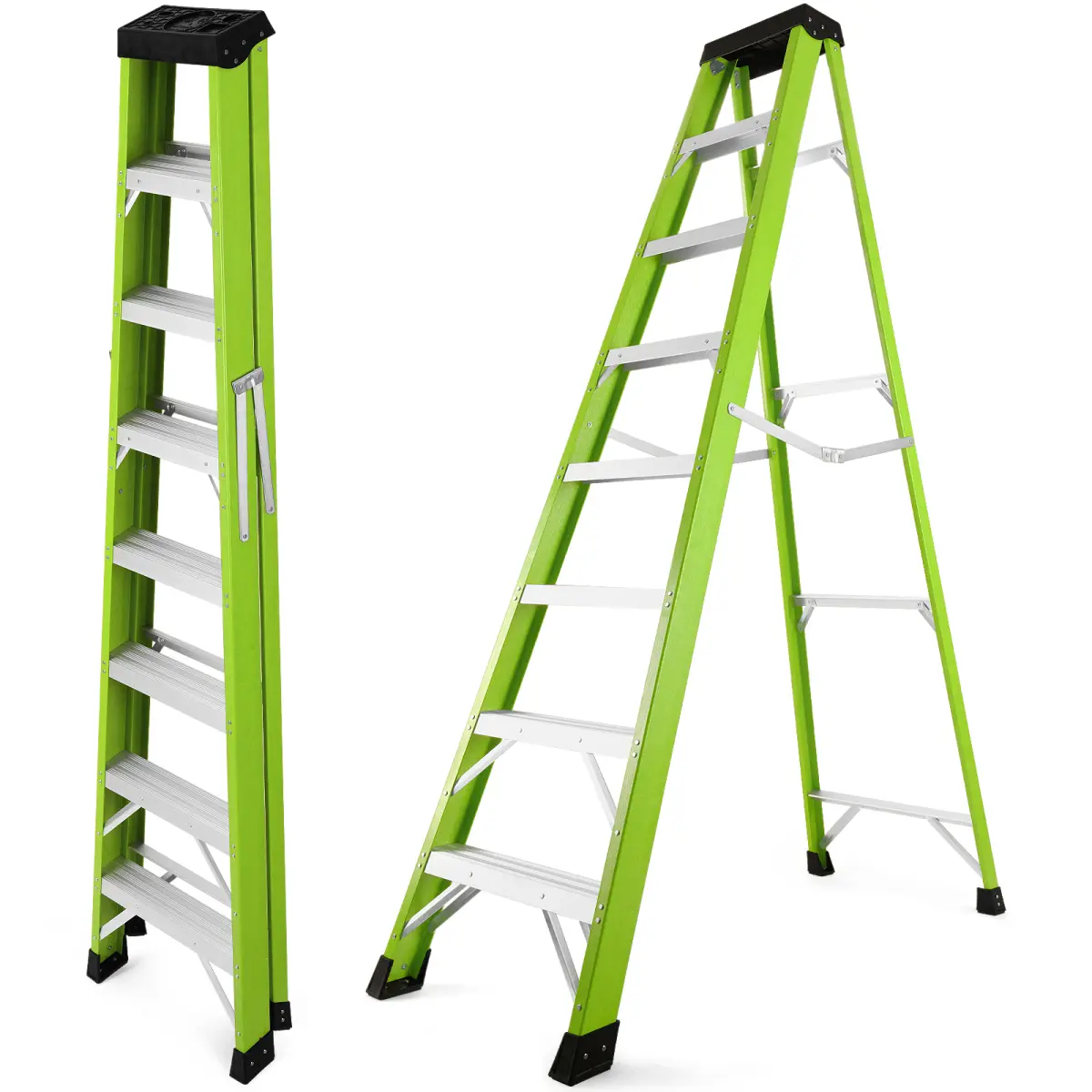 Green Fiberglass 7-Step Ladder - 330 LBS Capacity, Non-Conductive for Electrical Work and Home Use