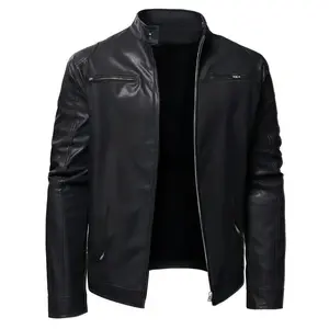 Men's Plus Size Premium Faux Leather Biker Jacket - Sleek Black with Zipper Pockets, Stand Collar, Long Sleeves - Casual & Versatile for All-Season Style - Perfect for Spring & Fall, PLUS SIZE