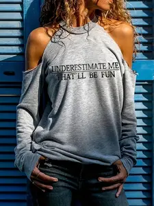 Women's Letter Print Cold Shoulder Tee, Casual Long Sleeve T-shirt for Daily Wear, Ladies Clothes for All Seasons