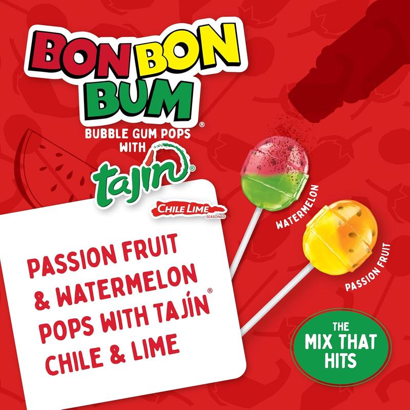 Colombina Bon Bon Bum Tropical Passion Fruit & Watermelon with Tajin Seasoning Chile Lime Dip, 20 Count (Pack of 1)