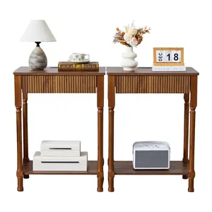 Giratree 23.6” Large Bed Side Table End Table with Drawer, Fluted Nightstand with Charging Station,  Modern Mid Century Solid Wood Legs Night Stands Bedside for Bedroom Living Room Sofa Office