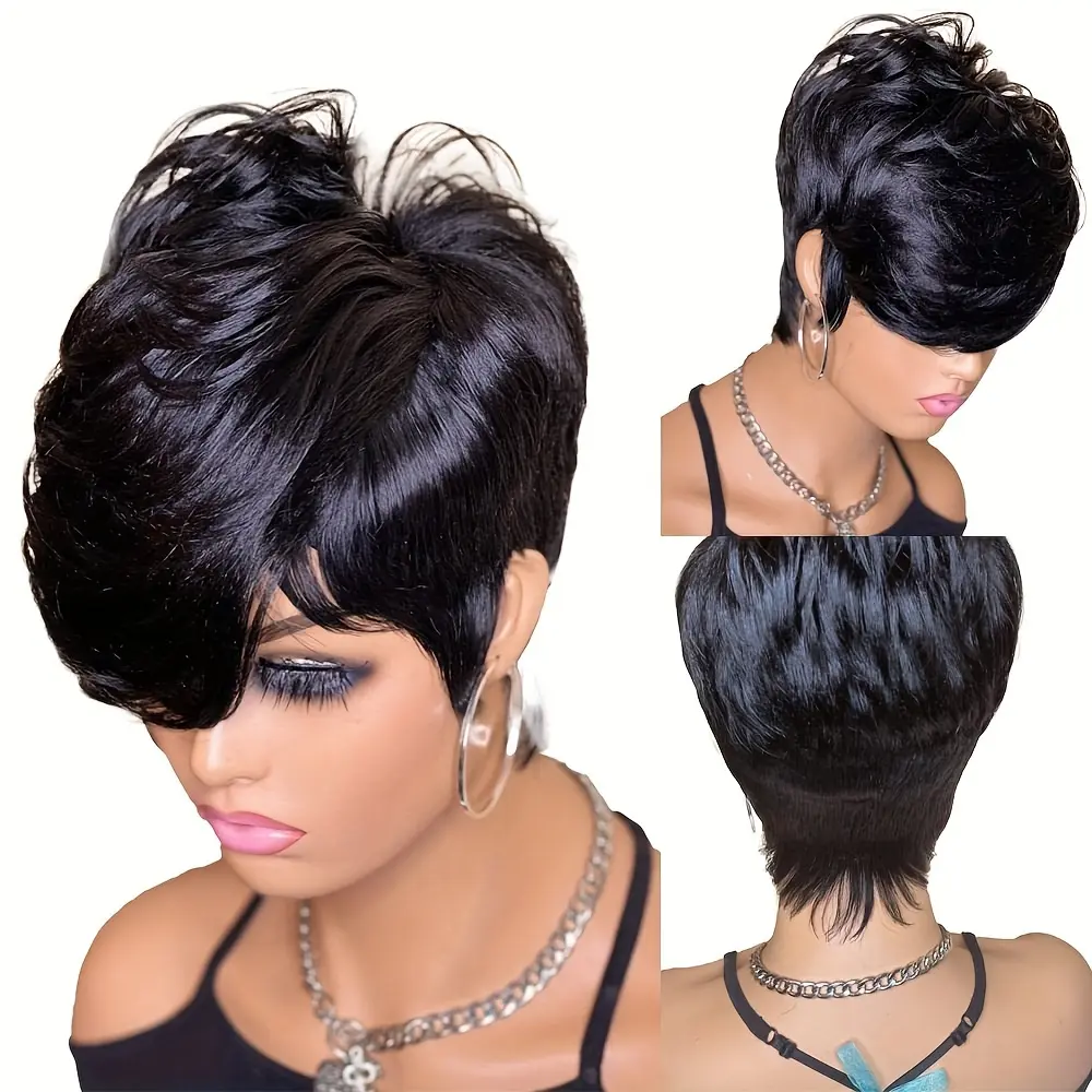 Women's 8in Brazilian Human Hair Pixie Bob Wig, 1pc 150% Density Short Straight Layered with Bangs, Glueless Full Machine-Made Rose Net Cap, Natural Black, Easy to Wear & DIY, Can Be Permed, Brazilian Hair