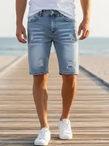 High-quality men’s slim-fit stretch distressed denim shorts—classic five-pocket design, casual ripped look, light wash for summer, suitable for men.