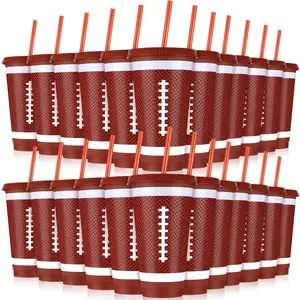 Bokon 12 Pcs Plastic Football Cups with Straw and Lid Football Party Supplies 24 oz Disposable Football Cups Reusable Football Drinking Cup for Sports Events Birthday Football Party Decorations