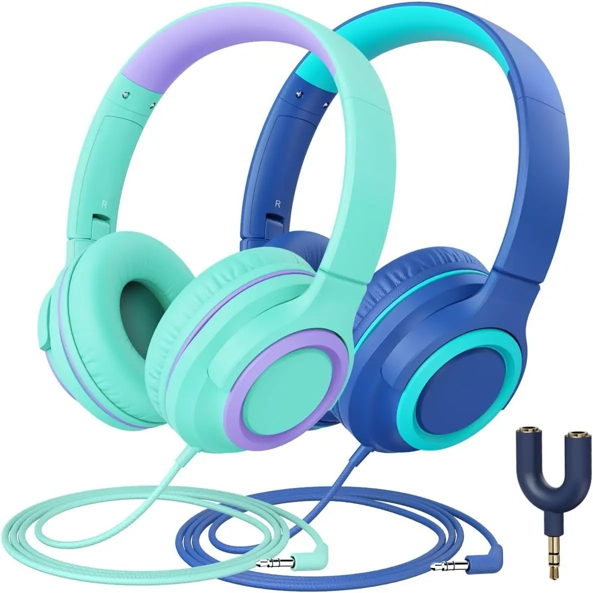 2Pack  Headphones with Sharing Splitter - 85dBA Safe Volume Limited - HS22 Wired Headphones for  Teens, Tangle-Free 3.5mm Jack Foldable Stereo for School/Tablet/Travel