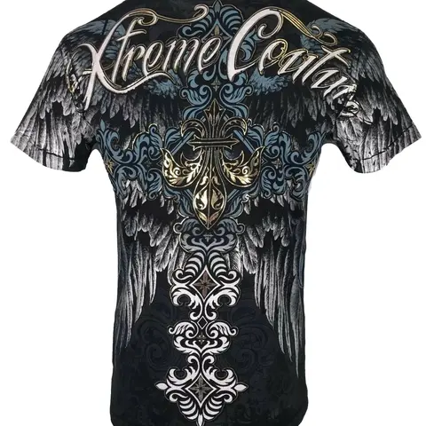 Xtreme Couture By Affliction Men's Fitted Cotton Short-Sleeve Round Neck Full-Print Impact T-Shirt - Sinners Tattoo Gothic Biker-Style Graphic Casual Top, 2000s Mensfashion Clothes