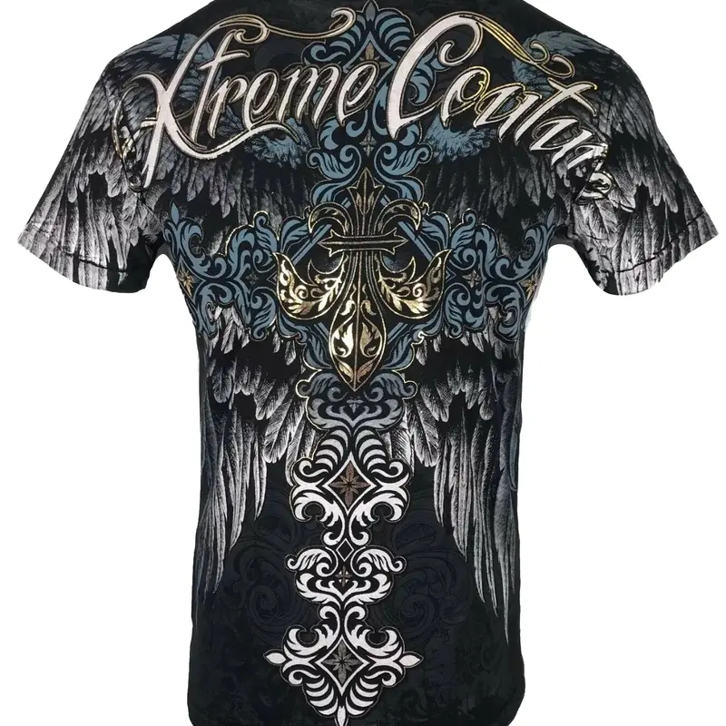 Xtreme Couture By Affliction Men's Fitted Cotton Short-Sleeve Round Neck Full-Print Impact T-Shirt - Sinners Tattoo Gothic Biker-Style Graphic Casual Top, 2000s Mensfashion Clothes