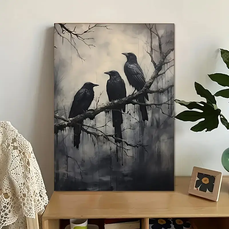 LJXDUBAF Gothic Artistic 3-Crow Wooden Frame Canvas Wall Print, Animal Art Decor for Living Room, Office Wall Accents