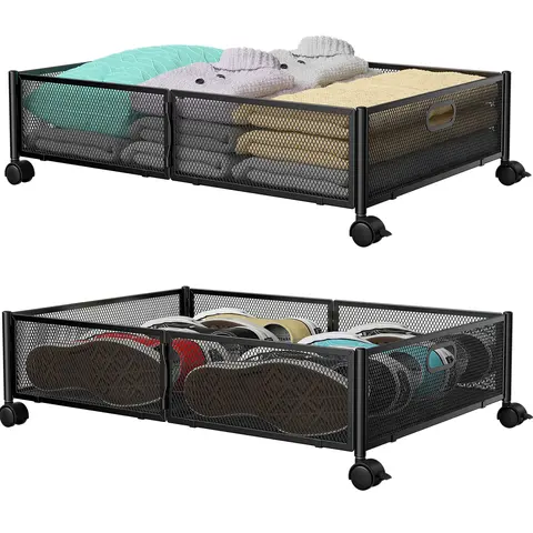 Flycity 2-Pack 360° Swivel Open Storage Bins - Under-Bed Drawer, Foldable Containers, Durable Space-Saving Organizer for Bedroom Clothes, Shoes, Bedding (Black/White)