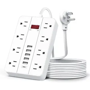 10ft Extension Cord Long Power Strip, 8 Widely-Spaced Outlets & 6 USB Ports Flat Plug Power Strip,Power Cord for Wall Mountable and Desktop White