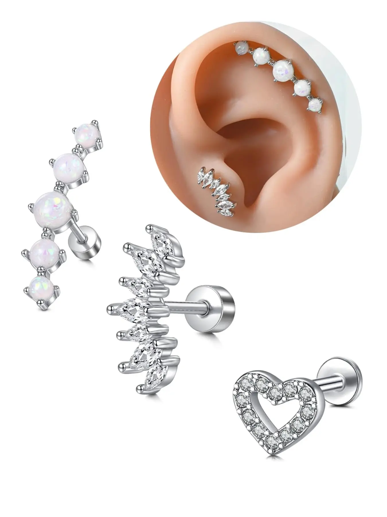 3pc 16G Cartilage Helix Earrings Jewelry Stainless Steel CZ Heart Butterfly Earring Stud Flat Ball Back Stud Earrings Ear Studs for Women Flatback Stud Earrings