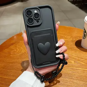 3-Piece Set High-Quality Material 3D Heart Card Holder + Wrist Strap Phone Case Compatible with Apple iPhone Models Accessories