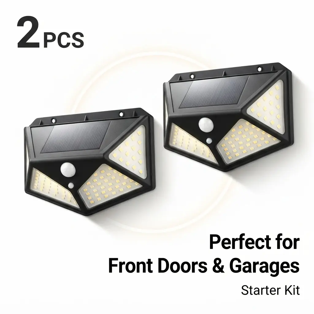 2-Pack 270° Solar Motion Sensor Outdoor Wall Lights, 100 LEDs, IP65 Waterproof, 3 Modes, 0 Electricity Cost for Front Door, Garage Home Improvement Security Lighting