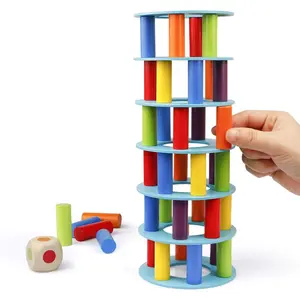 L-ITC039  Wooden Tower Stacking Game, Fine Motor Skill Montessori Building Blocks with Dice Toppling Leaning Tower Toy Party Family Games for Kids and Adults