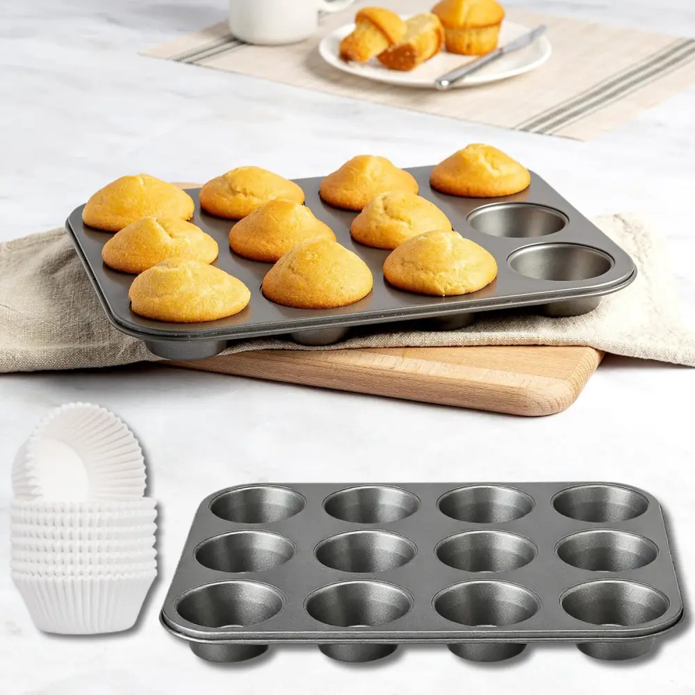 2PCS Muffin Pan and 200PCS Cupcake Liners Set - Steel Non-Stick Baking Pans Suitable for Muffins, Cakes,Pastries Round Paper Liners for Holiday Baking,Bakeware