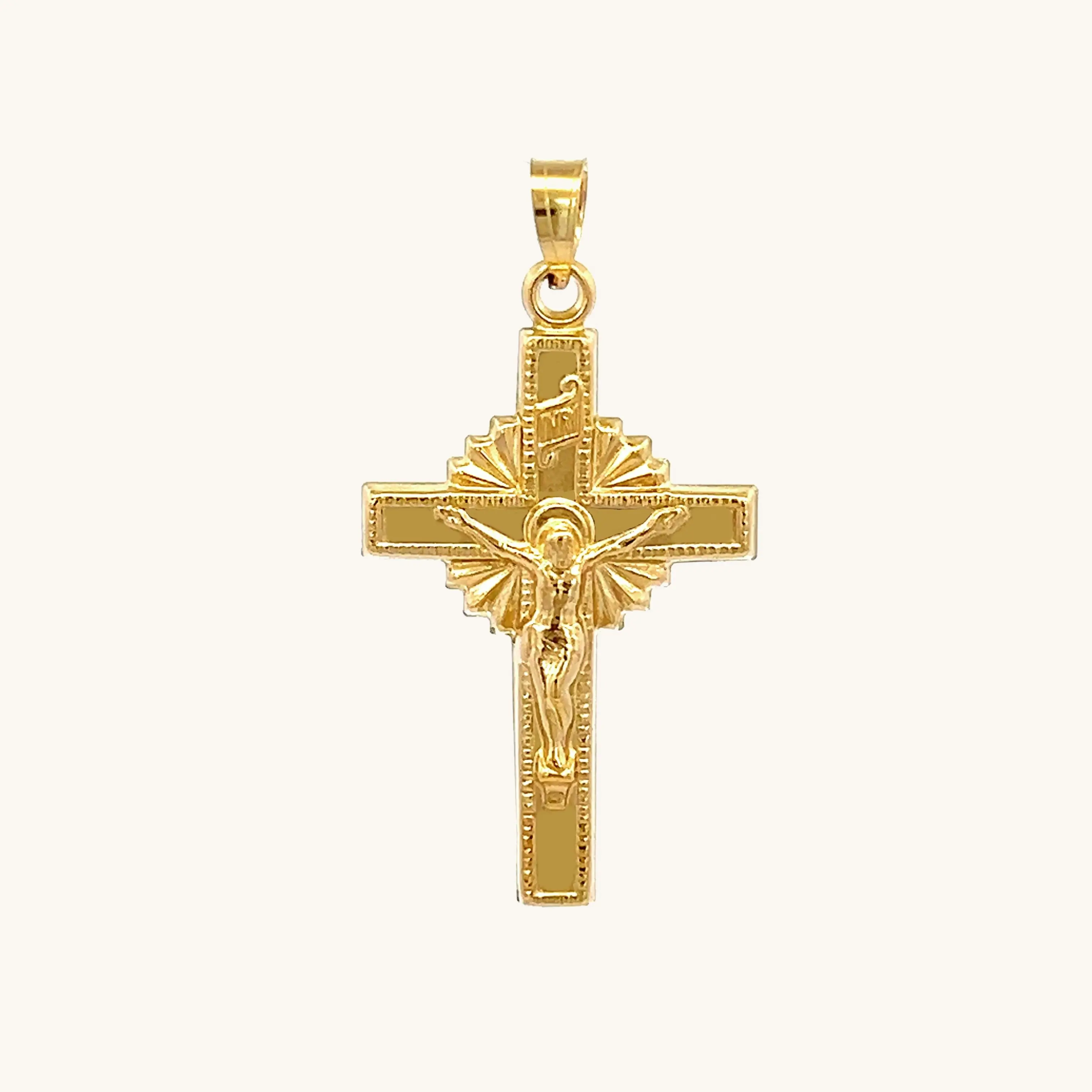 14K YELLOW GOLD SUNBURST CRUCIFIX PENDANT