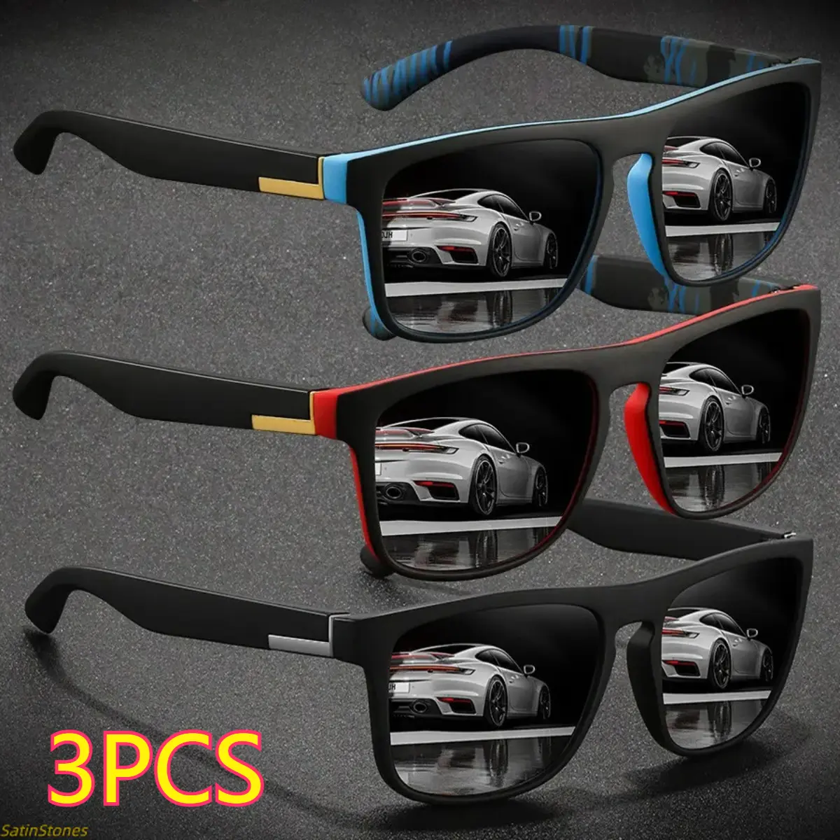 Unisex 3-Pack Square Sunglasses Set - UV400 Anti-Ultraviolet Protection, Lightweight, Colorful, Ideal for Driving, Hiking, 3-Lens Men's Sunglasses,summeroutfits,vacationoutfits,beachoutfits,summer outifit,travel essentials