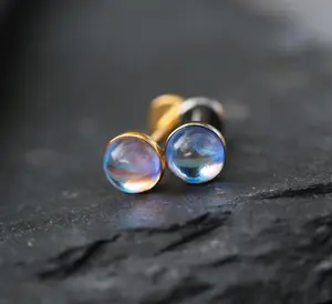 Titanium Moonstone Labret Stud Earring, Push-Pin Flat Back Earring, Tiny Tragus Earring, Forward Helix Earring, Tragus Piercing Stud, Threadless Gold Plated Nose Piercing Studs, conch piercing ear