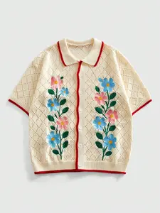 Men's Knitted Short Sleeve Cardigan, Color Block Edges & Floral Embroidery Design, Casual Hollow Out Style, Y2K Fashion for Daily Wear
