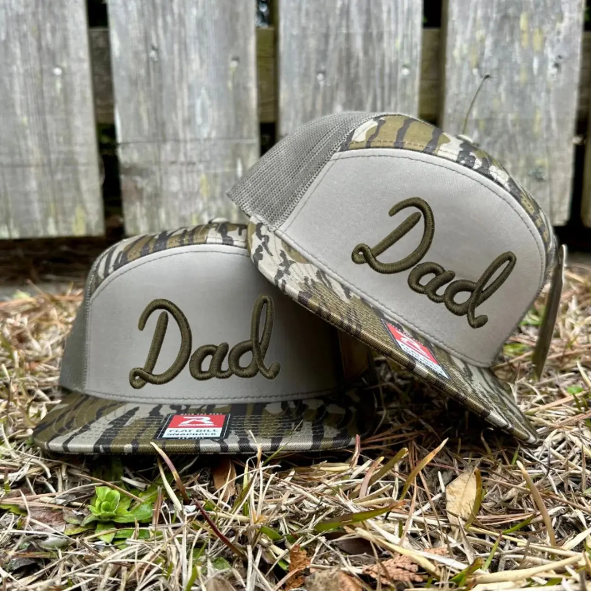 Dad Embroidered 7 Panel Hat – Bottomland Camo Brackish White Black Snapback, Classic Dad Trucker Hat, Mesh Back Flatbill Cap, Outdoor Hunting Fishing Style, Casual Unisex Gift for Fathers & Everyday Wear