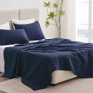 Quilt Full/Queen Size Navy 3,Lightweight Coverlet Style Stitched Quilt Pattern Bedspread for(1 Quilt,2 Pillow Shams)