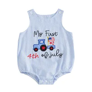 Baby Boy 4th of July Romper My First 4th of July Truck Flag Embroidery Striped Sleeveless Bodysuit Infant Newborn Patriotic Outfit