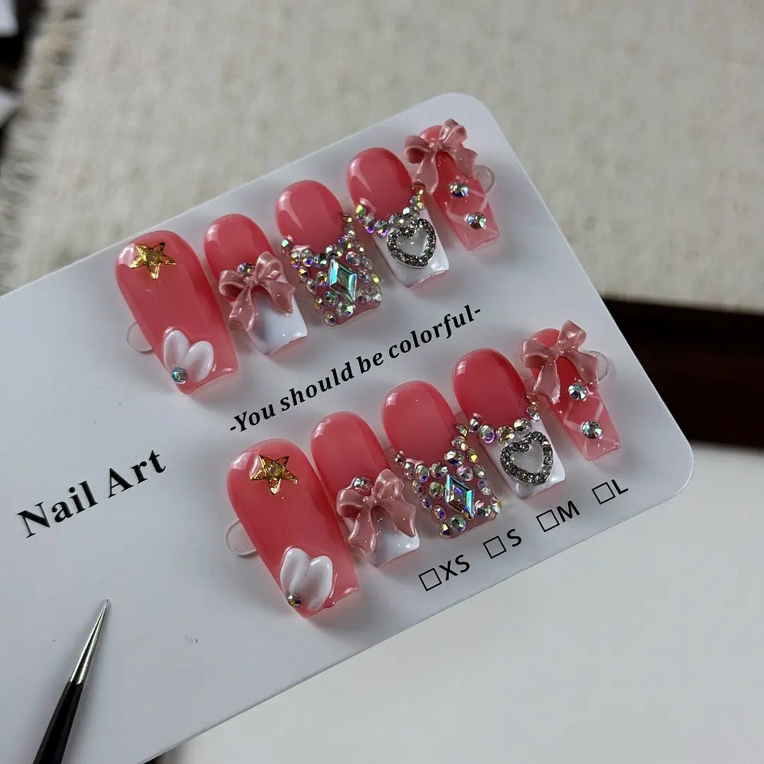 10pcs Sweet Princess Style, hand-painted three-dimensional bow, dazzling rhinestones, Handmade Press On, handmade fake nails, Glittering Fake Nails, Ideal for spring outings, Valentine's Day events, Glitter Nails, Decorative Nails