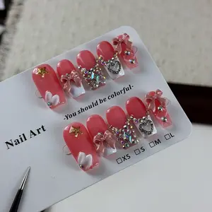 10pcs high-end Sweet Princess Style, hand-painted three-dimensional bow, dazzling rhinestones handmade fake nails, Ideal for spring outings, sister date shopping trips, and Valentine's Day events - these nail stickers are perfect!