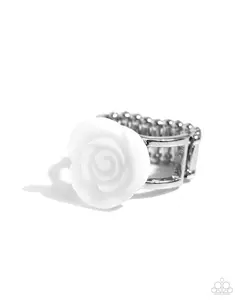 Top-SHELL Shine - White Resin Rose Silver Ring - Paparazzi
